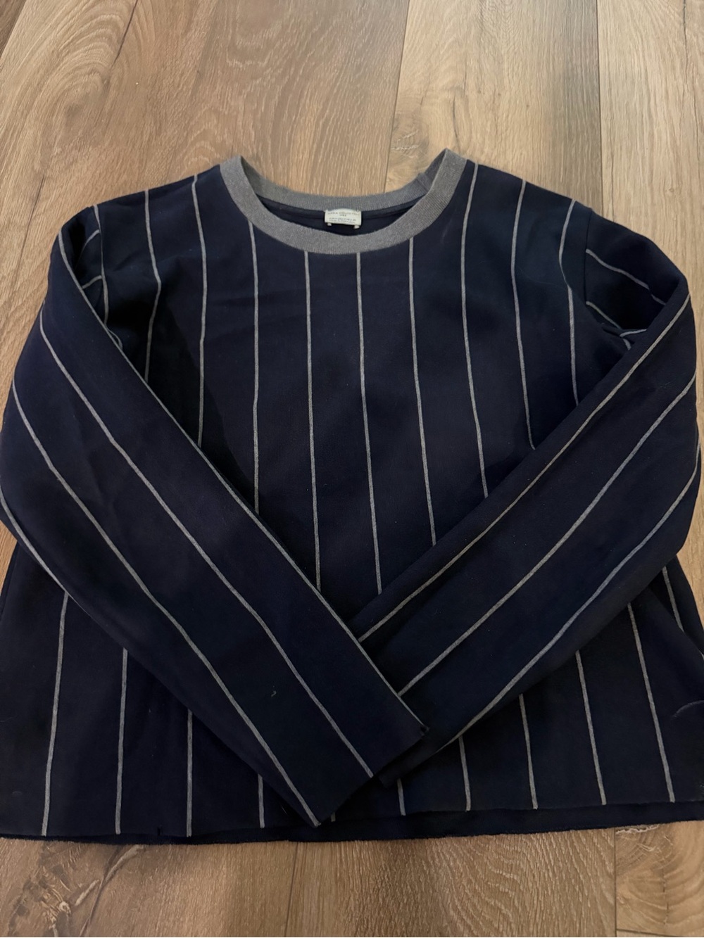 Zara Navy Pinstripe Crewneck Sweater with Gray Trim